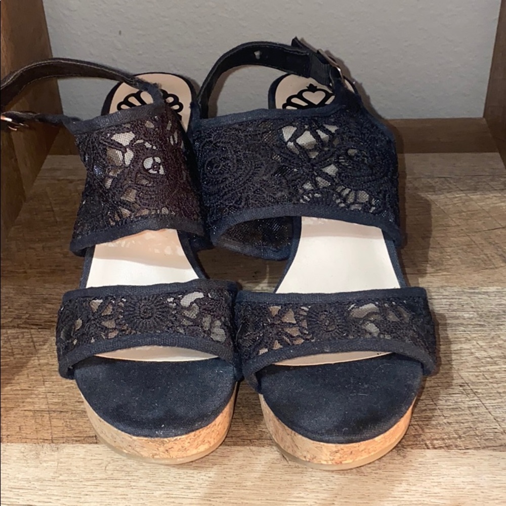 Black lace platform wedges with cork bottoms